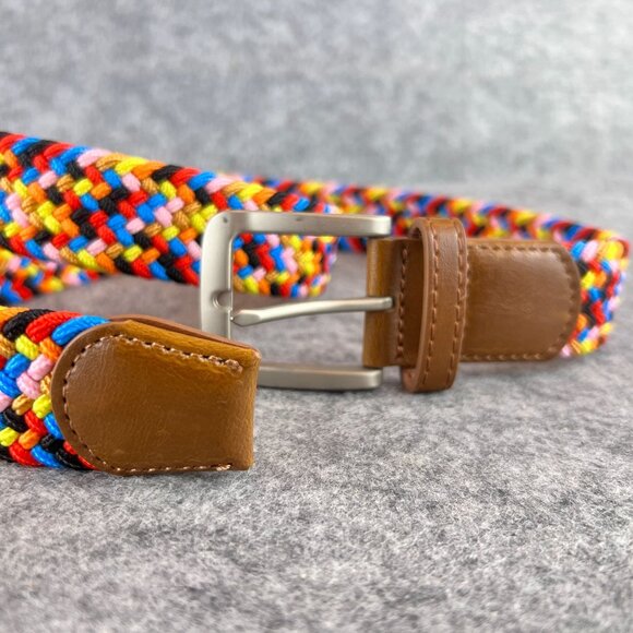 Woven Rainbow Multicolor Elastic Braided Belt Silver Buckle Brown Leather Trim - Picture 8 of 13